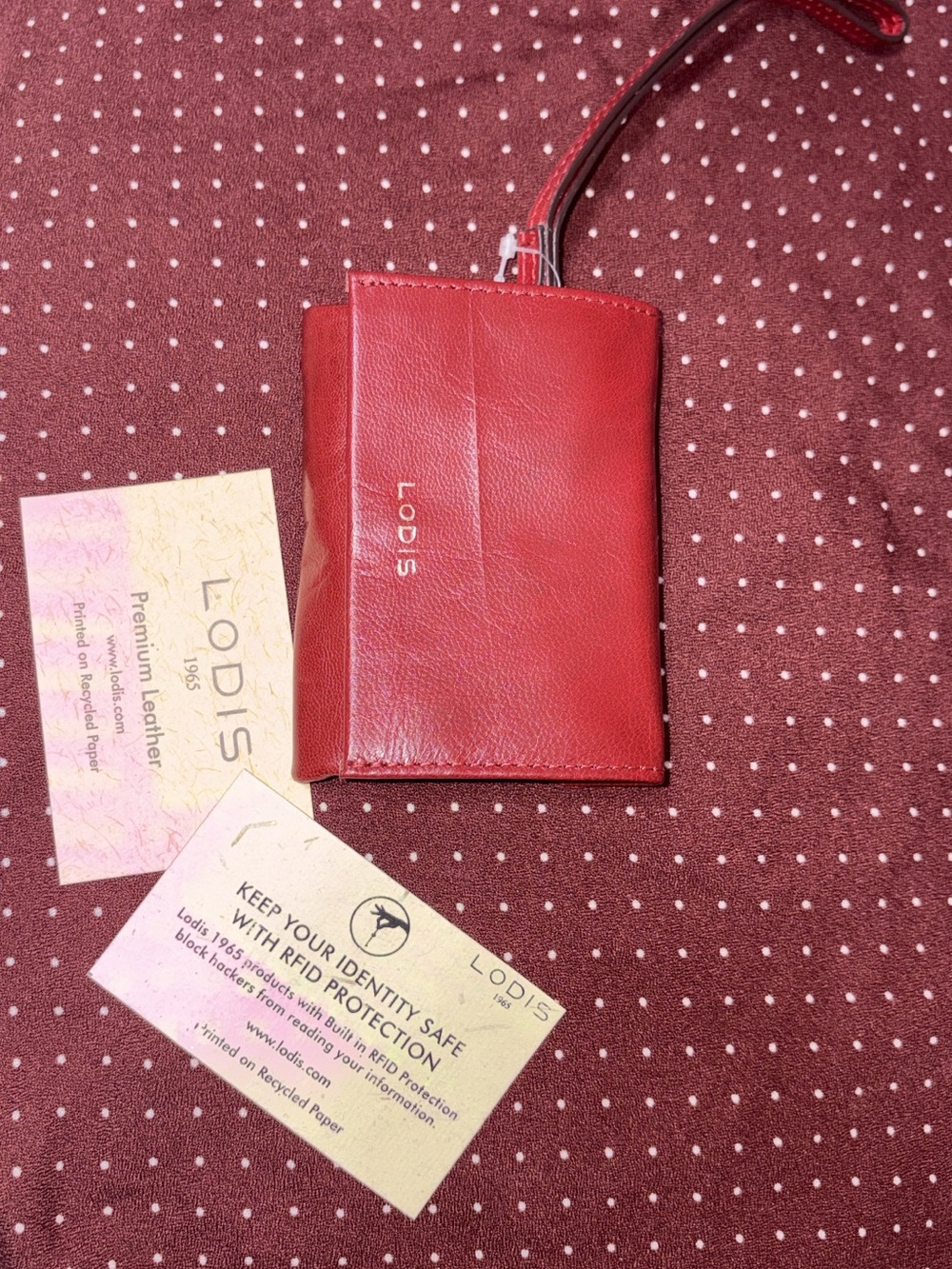 Red Lodis Deep Red Leather Wristlet Card Case with Strap